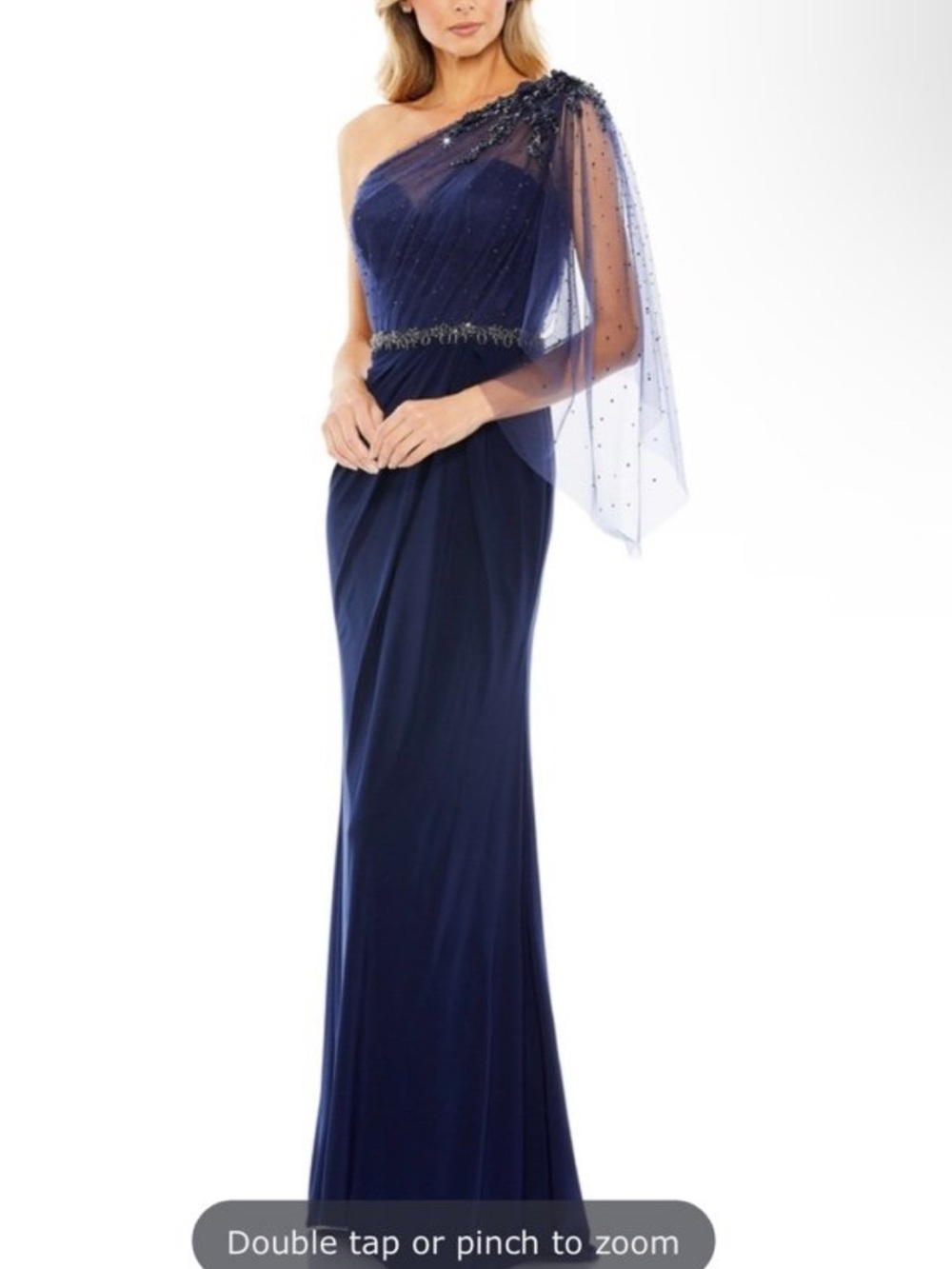 Mac Duggal One-Shoulder Navy Evening Gown with Beaded Cape